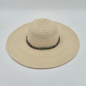 The Accessory Collective Wide Brim Straw Sun Hat Beaded Band Panama Style OS